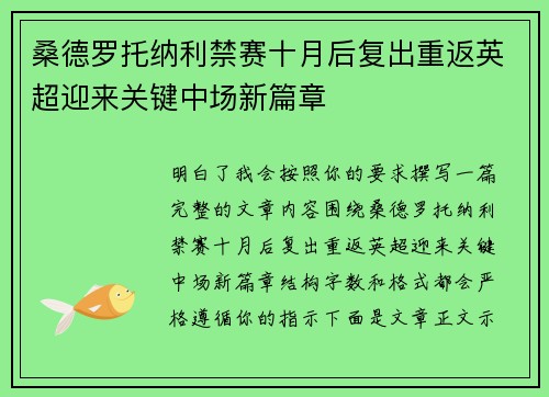 桑德罗托纳利禁赛十月后复出重返英超迎来关键中场新篇章