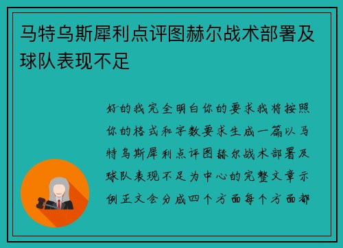 马特乌斯犀利点评图赫尔战术部署及球队表现不足