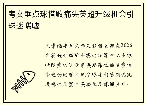 考文垂点球惜败痛失英超升级机会引球迷唏嘘