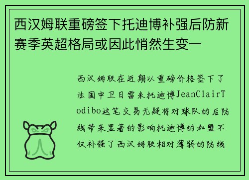 西汉姆联重磅签下托迪博补强后防新赛季英超格局或因此悄然生变一 西汉姆联重磅签下托迪博补强后防新赛季英超格局或因此悄然生变一